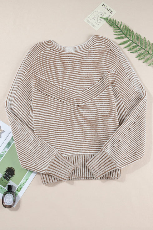 Striped Ribbed Knit Raglan Sleeve Relaxed Sweater