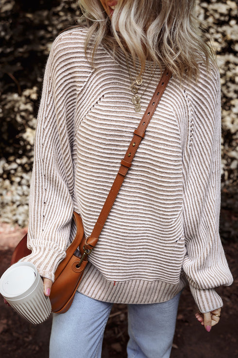 Striped Ribbed Knit Raglan Sleeve Relaxed Sweater