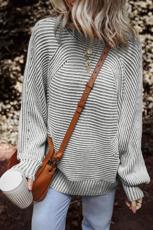 Striped Ribbed Knit Raglan Sleeve Relaxed Sweater