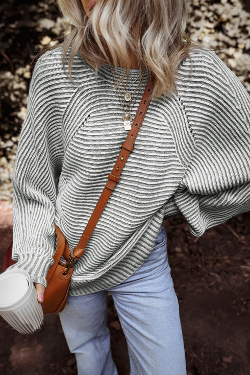 Striped Ribbed Knit Raglan Sleeve Relaxed Sweater