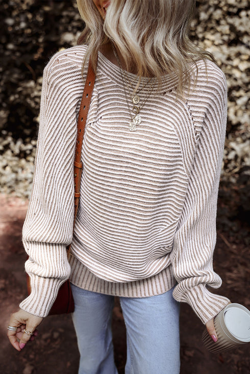 Striped Ribbed Knit Raglan Sleeve Relaxed Sweater