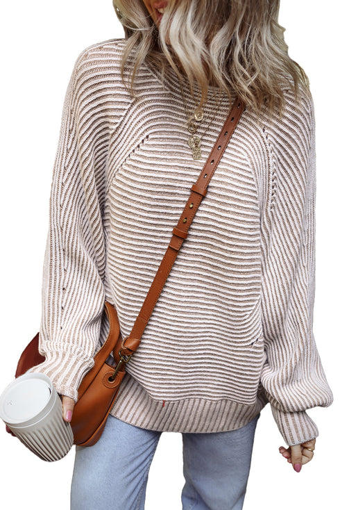 Striped Ribbed Knit Raglan Sleeve Relaxed Sweater
