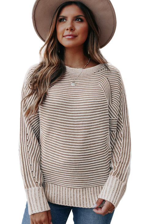 Striped Ribbed Knit Raglan Sleeve Relaxed Sweater