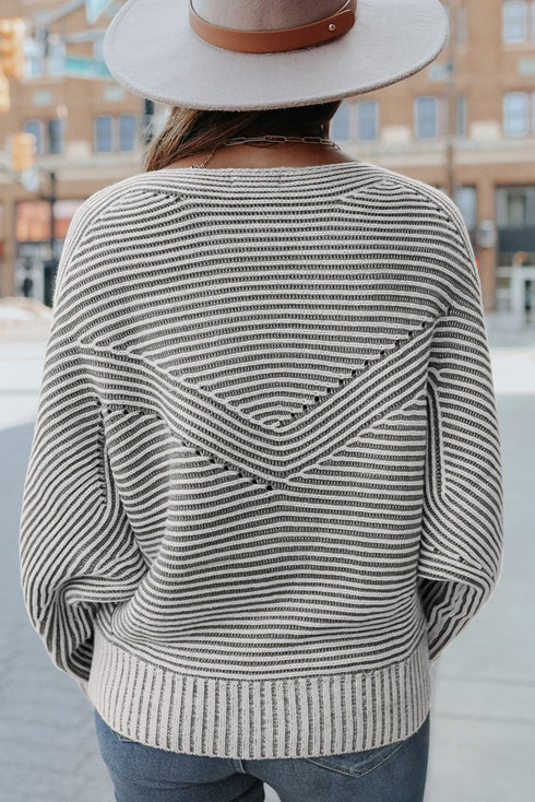 Striped Ribbed Knit Raglan Sleeve Relaxed Sweater