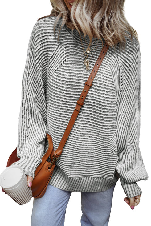 Striped Ribbed Knit Raglan Sleeve Relaxed Sweater
