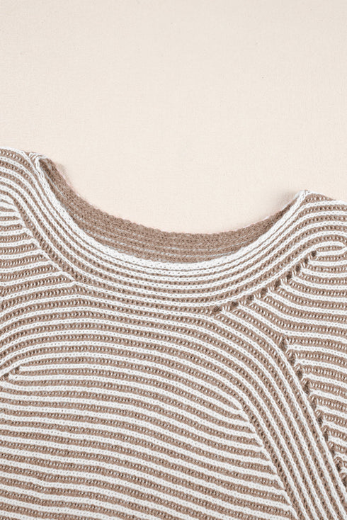 Striped Ribbed Knit Raglan Sleeve Relaxed Sweater