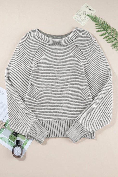 Striped Ribbed Knit Raglan Sleeve Relaxed Sweater
