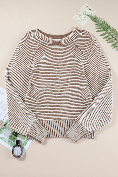 Striped Ribbed Knit Raglan Sleeve Relaxed Sweater