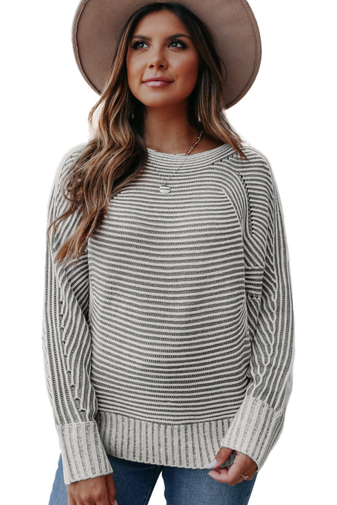 Striped Ribbed Knit Raglan Sleeve Relaxed Sweater