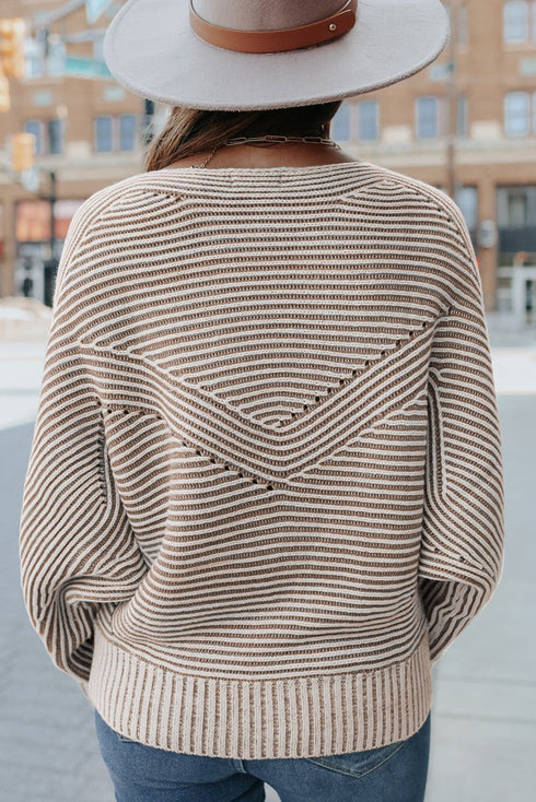 Striped Ribbed Knit Raglan Sleeve Relaxed Sweater
