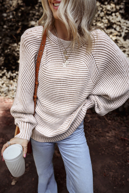 Striped Ribbed Knit Raglan Sleeve Relaxed Sweater
