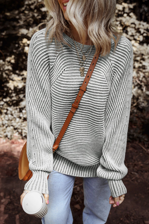 Striped Ribbed Knit Raglan Sleeve Relaxed Sweater