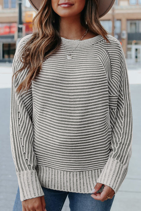 Striped Ribbed Knit Raglan Sleeve Relaxed Sweater