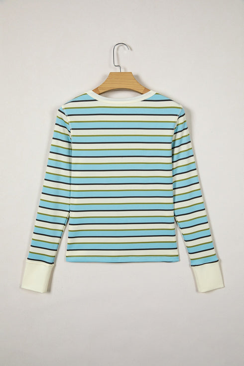 Striped Ribbed Knit Round Neck Long Sleeve Top