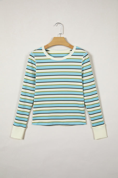 Striped Ribbed Knit Round Neck Long Sleeve Top