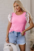 Striped Ribbed Knit Ruffle Flutter Sleeve Casual Blouse