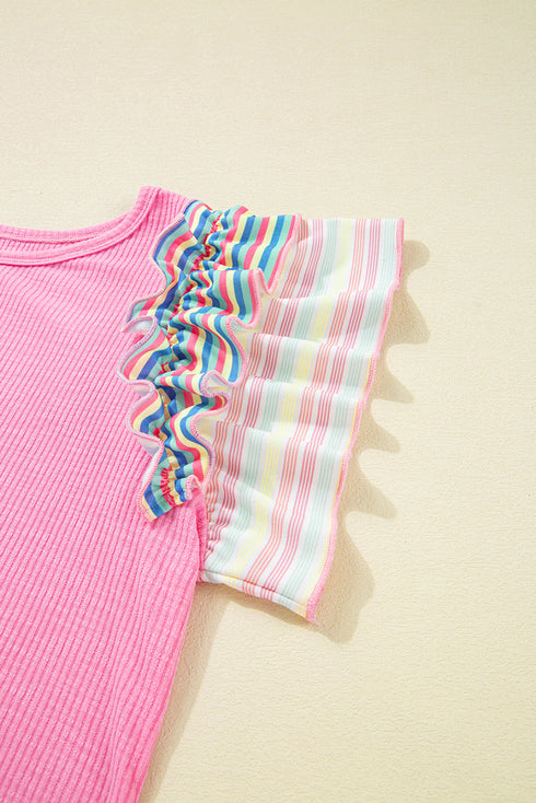 Striped Ribbed Knit Ruffle Flutter Sleeve Casual Blouse