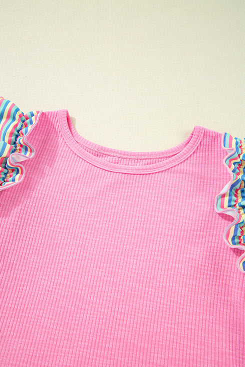 Striped Ribbed Knit Ruffle Flutter Sleeve Casual Blouse