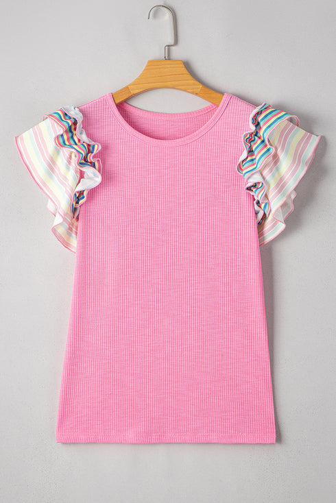 Striped Ribbed Knit Ruffle Flutter Sleeve Casual Blouse
