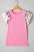 Striped Ribbed Knit Ruffle Flutter Sleeve Casual Blouse