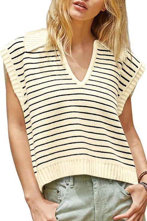 Striped Ribbed Knit V Neck Collared Sweater