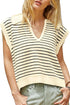 Striped Ribbed Knit V Neck Collared Sweater