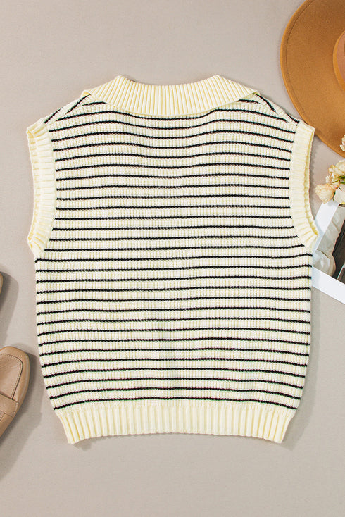 Striped Ribbed Knit V Neck Collared Sweater