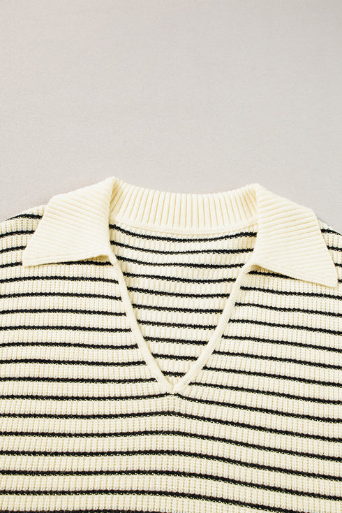 Striped Ribbed Knit V Neck Collared Sweater