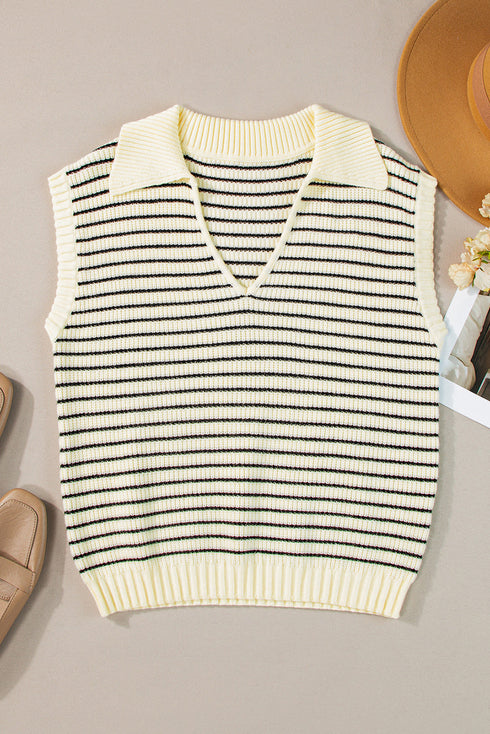 Striped Ribbed Knit V Neck Collared Sweater