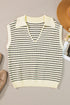 Striped Ribbed Knit V Neck Collared Sweater