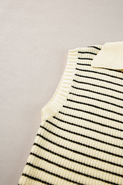 Striped Ribbed Knit V Neck Collared Sweater