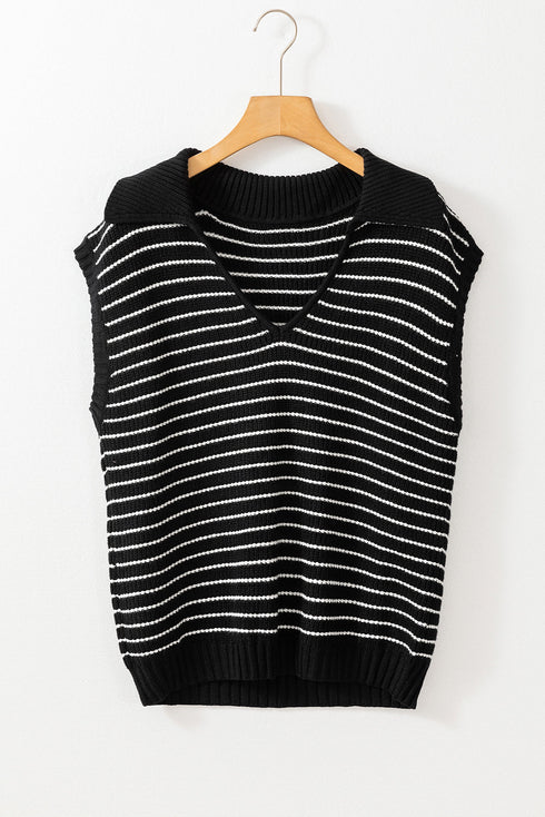 Striped Ribbed Knit V Neck Collared Sweater