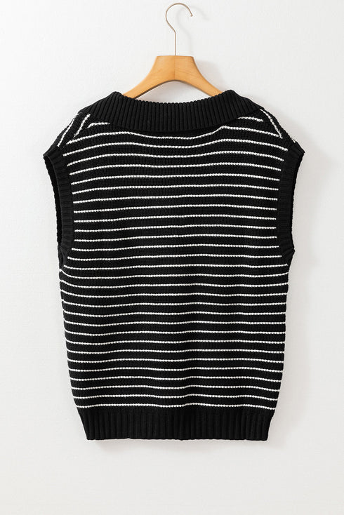 Striped Ribbed Knit V Neck Collared Sweater
