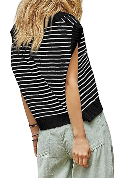 Striped Ribbed Knit V Neck Collared Sweater