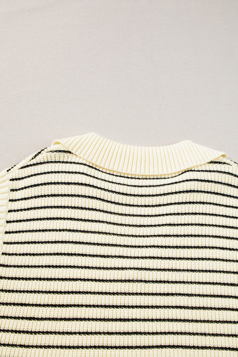 Striped Ribbed Knit V Neck Collared Sweater