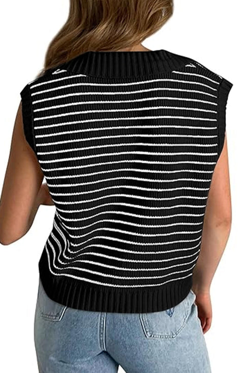 Striped Ribbed Knit V Neck Collared Sweater