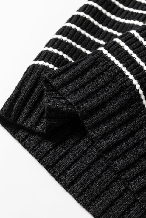 Striped Ribbed Knit V Neck Collared Sweater