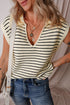 Striped Ribbed Knit V Neck Collared Sweater