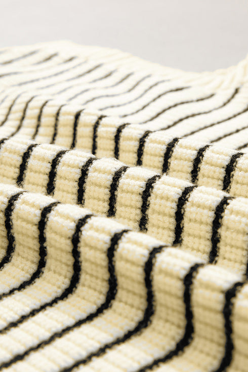 Striped Ribbed Knit V Neck Collared Sweater