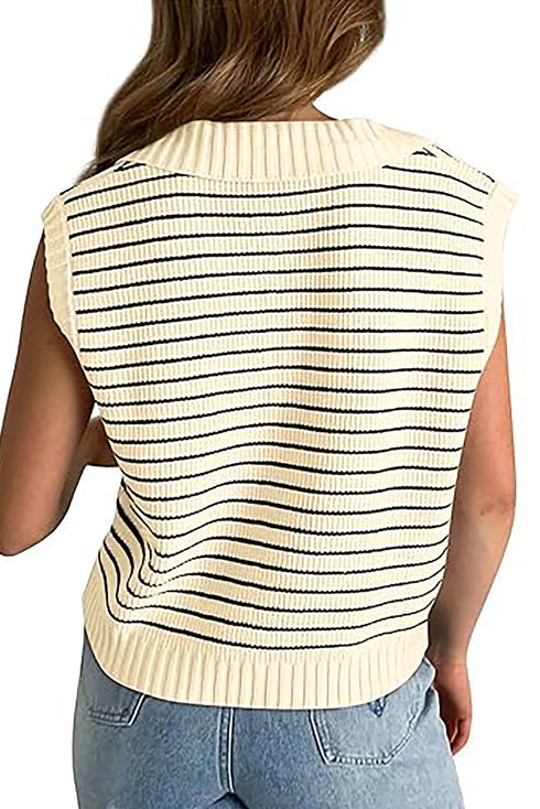 Striped Ribbed Knit V Neck Collared Sweater