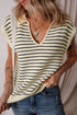 Striped Ribbed Knit V Neck Collared Sweater