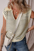 Striped Ribbed Knit V Neck Collared Sweater