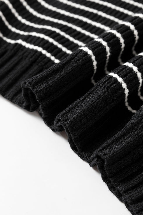 Striped Ribbed Knit V Neck Collared Sweater