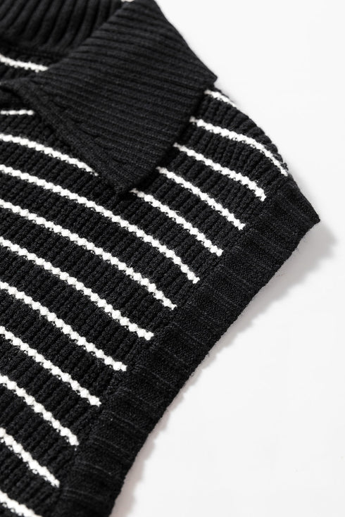 Striped Ribbed Knit V Neck Collared Sweater