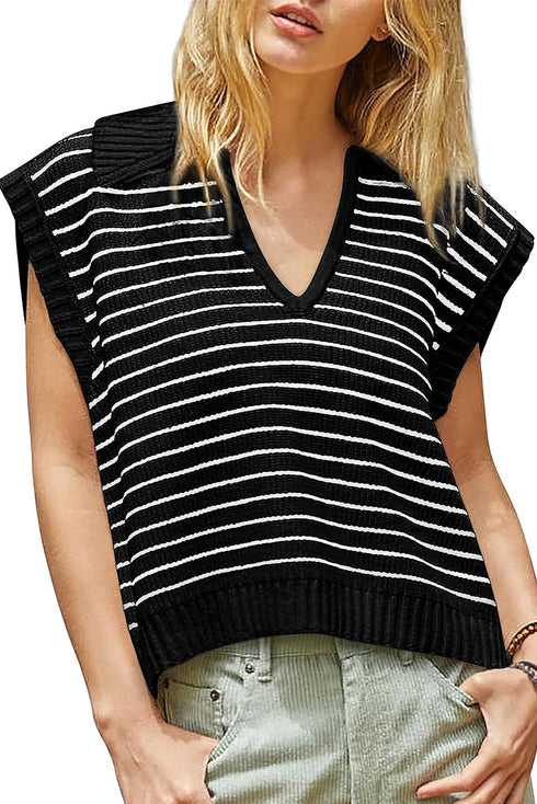 Striped Ribbed Knit V Neck Collared Sweater