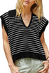 Striped Ribbed Knit V Neck Collared Sweater