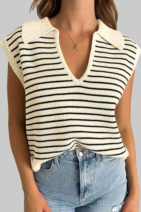 Striped Ribbed Knit V Neck Collared Sweater