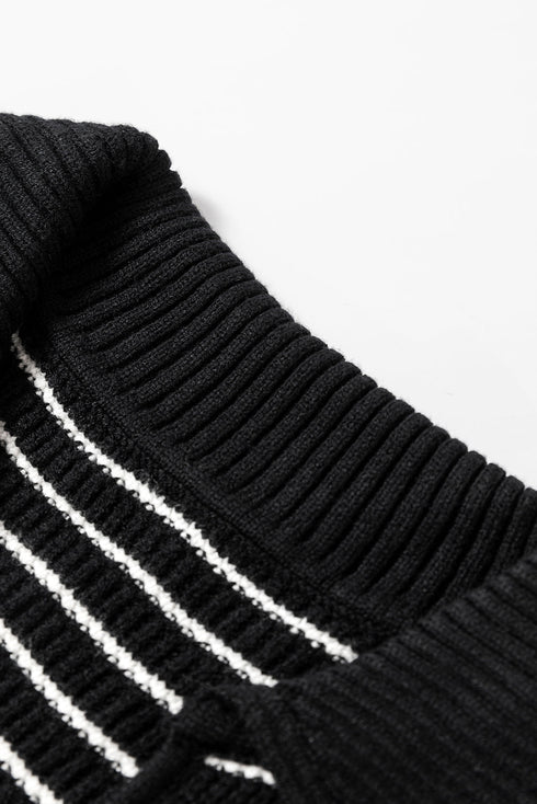 Striped Ribbed Knit V Neck Collared Sweater