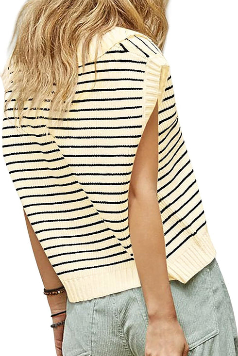 Striped Ribbed Knit V Neck Collared Sweater