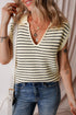 Striped Ribbed Knit V Neck Collared Sweater